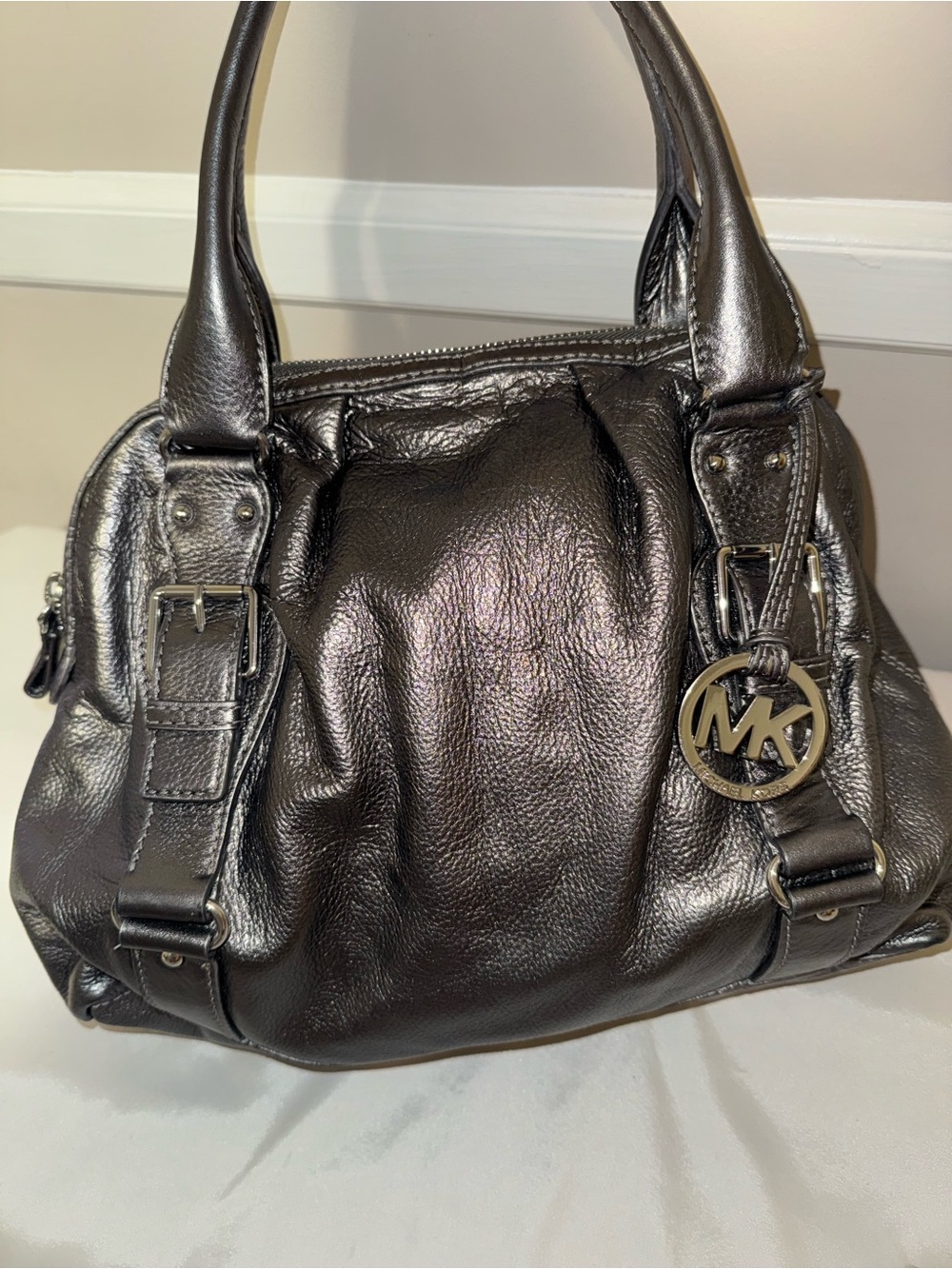 Michael Kors Metallic Black Leather Satchel with MK Charm